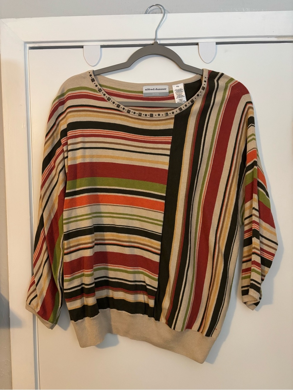 Alfred Dunner Striped Crewneck Sweater in Red, Olive & Black